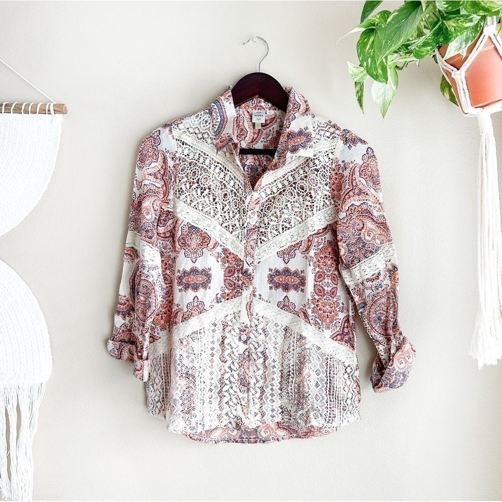 Anthropologie Paisley Lace Button Down Blouse